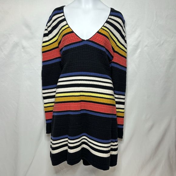Free People Gidget Sweater Mini Dress Knit Black Striped SMALL V Neck Retro Boho - Picture 1 of 11